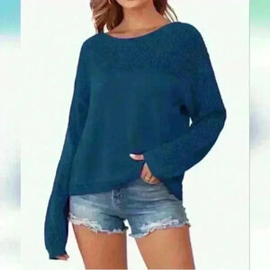 ZAFUL | Women's Navy Hallow Out Long Drop Shoulder Crochet Knit Sweater